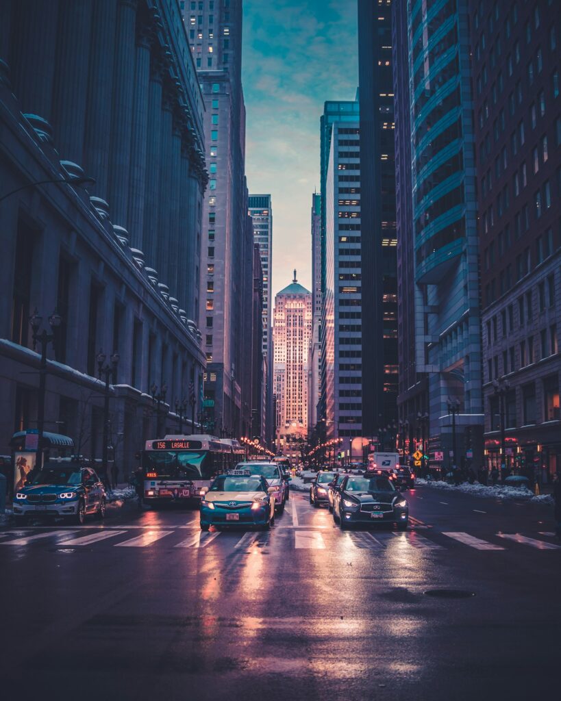 Night view of a city skyline and illuminated streets